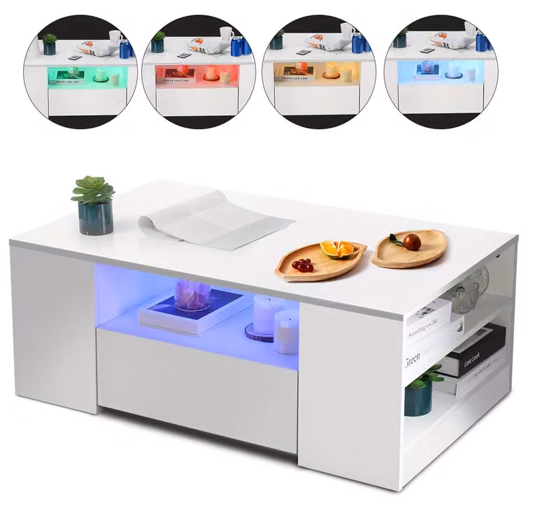 Tavolino da salotto lucido con spazio contenitivo - Bianco - Illuminazione LED RGB, 2 cassetti e ripiano aperto
