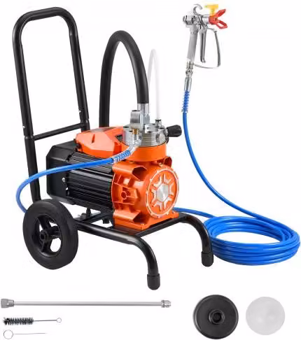 Spruzzatore di Vernice Airless VEVOR con Ruote, Macchina a Spruzzo da 900W, Pressione max 15,17 Mpa, Colore Arancione con Asta di Prolunga