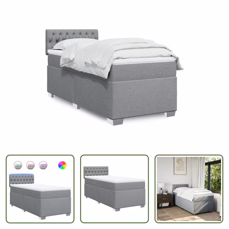 The Living Store Letto a molle con materasso grigio chiaro 90x190 cm in tessuto