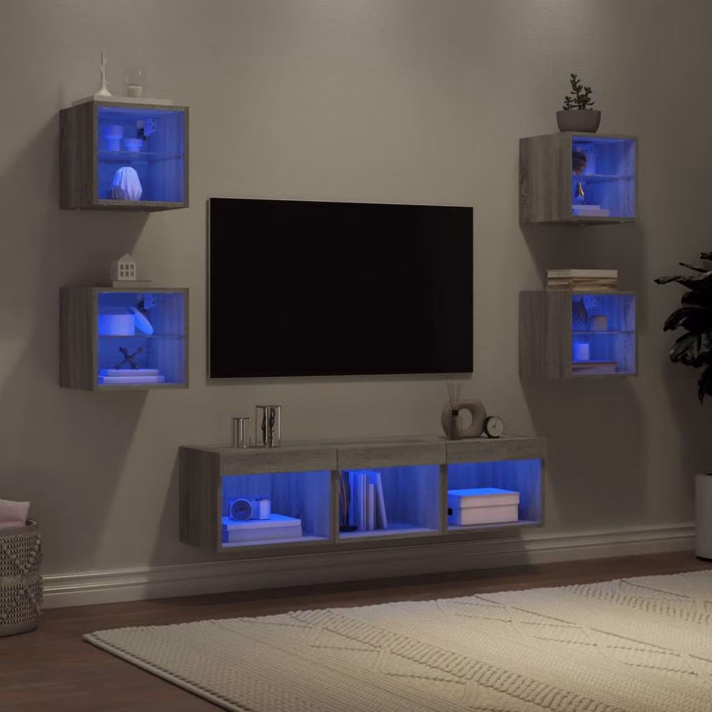 Mobile TV a muro vidaXL con illuminazione LED integrata, 7 pezzi, Grigio, in legno e MDF, stile moderno per soggiorno o ufficio in casa – 1