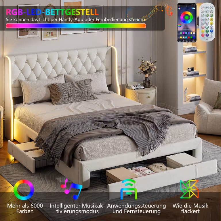 Letto imbottito 160x200 cm, letto matrimoniale con 3 cassetti, illuminazione LED, struttura del letto, tessuto velluto, color beige