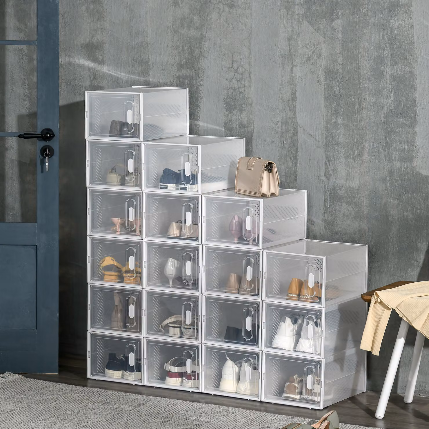 Scarpiera Mobile Rettangolare HOMCOM in Plastica PP Trasparente con 18 Contenitori da 25x35x19 cm per Scarpe, Vestiti e Libri – 2