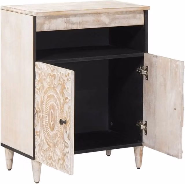 Credenza moderna in legno di mango massello con finitura opaca bianca e nera, L 60 cm x P 33,5 cm x H 75 cm