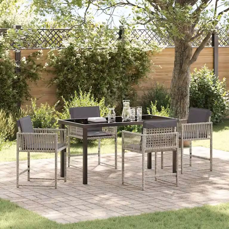 Set da pranzo per giardino e terrazzo vidaXL in polyrattan e vetro, 5 pezzi, Grigio