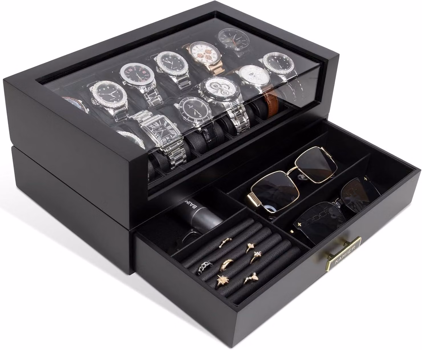 Scatola per orologi in legno, con 12 scomparti, a due livelli, con coperchio in vetro, ideale per la conservazione degli orologi