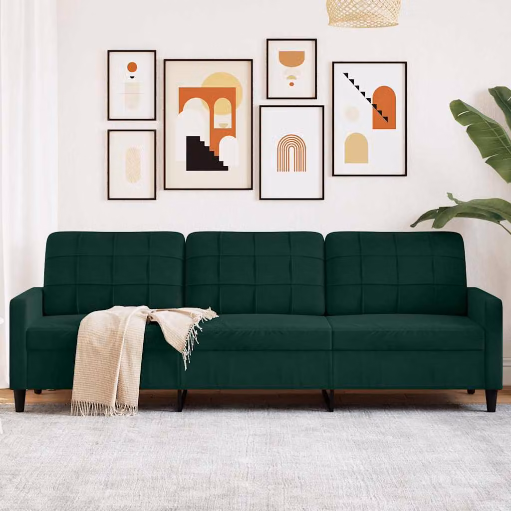 vidaXL Divano a 3 Posti Moderno in Velluto Verde con Struttura in Metallo L: 226 cm, P: 80 cm, H: 77 cm