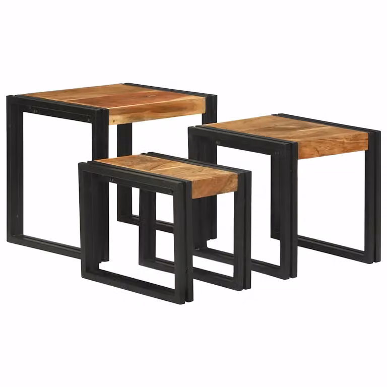 Set di 3 tavolini nesting vidaXL in legno di acacia e metallo, stile industriale, Marrone e Nero, L/P/H: 50 x 40 x 45 cm