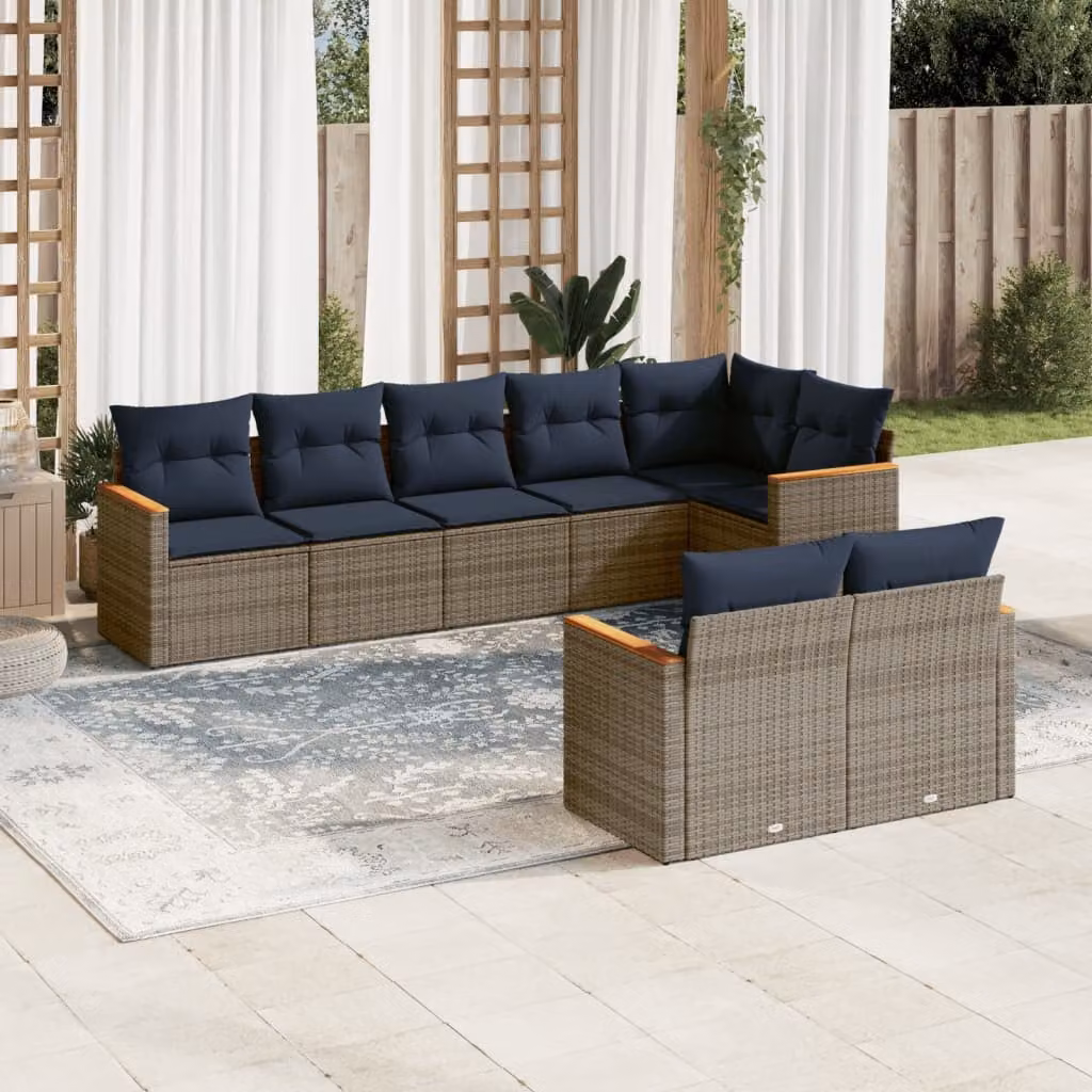 Set di divani da giardino vidaXL a forma di L composto da 8 pezzi con cuscini grigi e blu in rattan e struttura in metallo