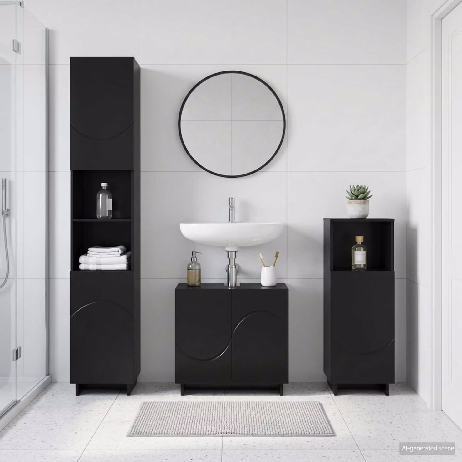 Set di mobili da bagno moderni vidaXL composto da mobileto alto e mobile sottolavabo in legno MDF nero opaco