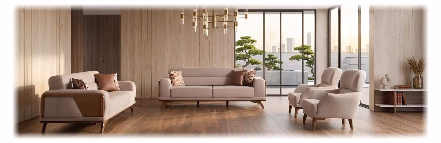 Divano beige componibile: 2 divani a 3 posti imbottiti, 2 poltrone eleganti, set da 4 pezzi