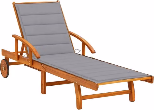 Lettino prendisole Outsunny in legno di acacia con cuscino resistente ai raggi UV e ruote per giardino e terrazzo
