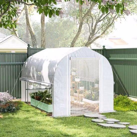 Casetta da giardino in plastica, 3 x 2 x 2 m, 4 pareti, porta, pareti laterali ribaltabili, casetta da giardino a tunnel resistente ai raggi UV, coltivazione di pomodori, telaio in acciaio, bianca