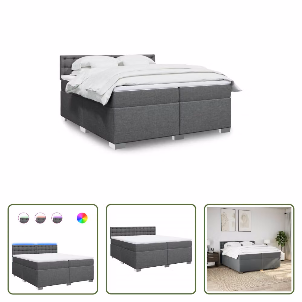 The Living Store Letto a molle con materasso grigio scuro 200x200 cm in tessuto