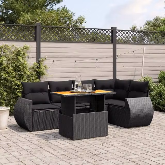 Set Divano da Giardino 6 pz con Cuscini Nero in Polyrattan 3272182