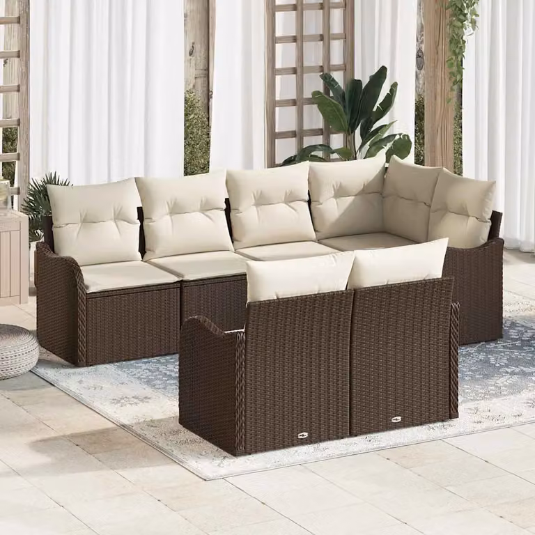 vidaXL Set Divano da Giardino a L 7 pz Marrone con Cuscini e Struttura in Metallo e Polyrattan
