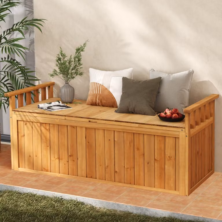 Panca da giardino Costway in legno con contenitore, schienale e braccioli, colore marrone naturale
