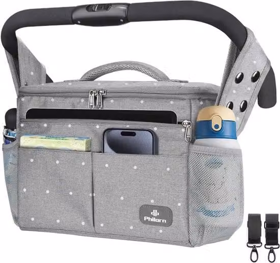 Organizzatore universale per passeggini con contenitore isolato e grande capacità, borsa a tracolla in tessuto grigio con strisce