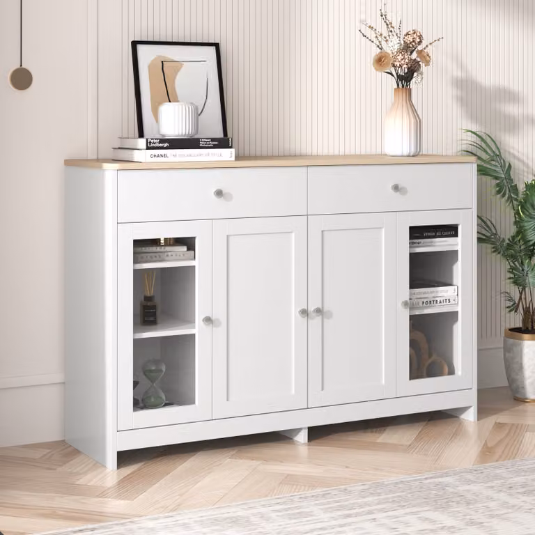 Credenza Merax con ante e cassetti in vetro temperato, cassettiera in stile country