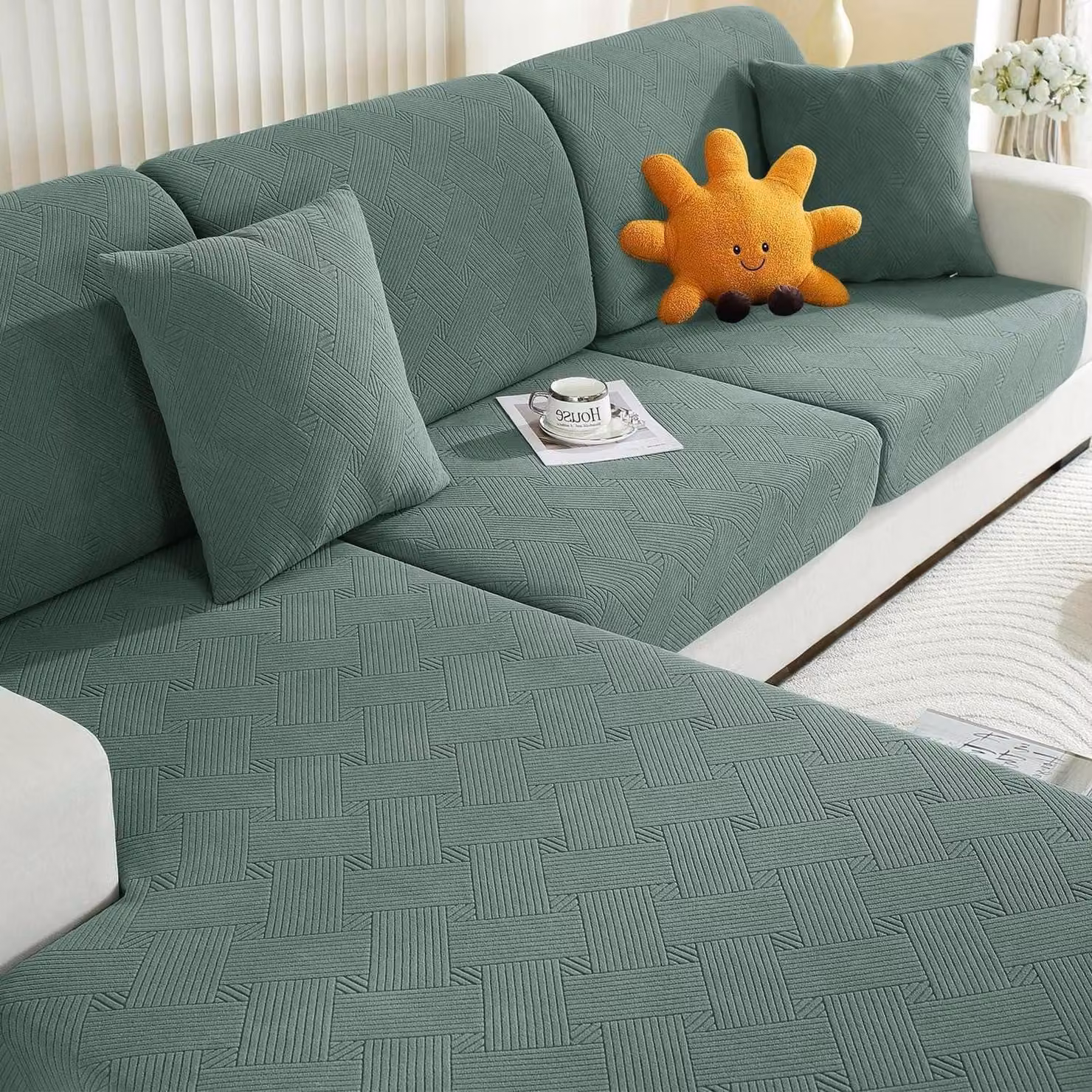 Copertura per cuscino da seduta, elasticizzata, verde, per 1 posto, 3 posti + chaise longue, motivo geometrico, antiscivolo, protezione a 360°