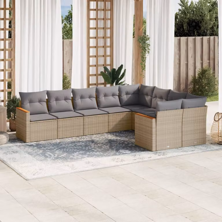 vidaXL Set Divano da Giardino a L in Polyrattan con Cuscini Beige e Grigio, 9 Pezzi
