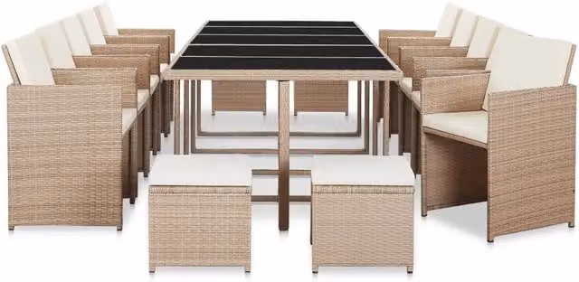 Set da pranzo da giardino vidaXL in polyrattan beige e bianco con 15 pezzi e tavolo in vetro