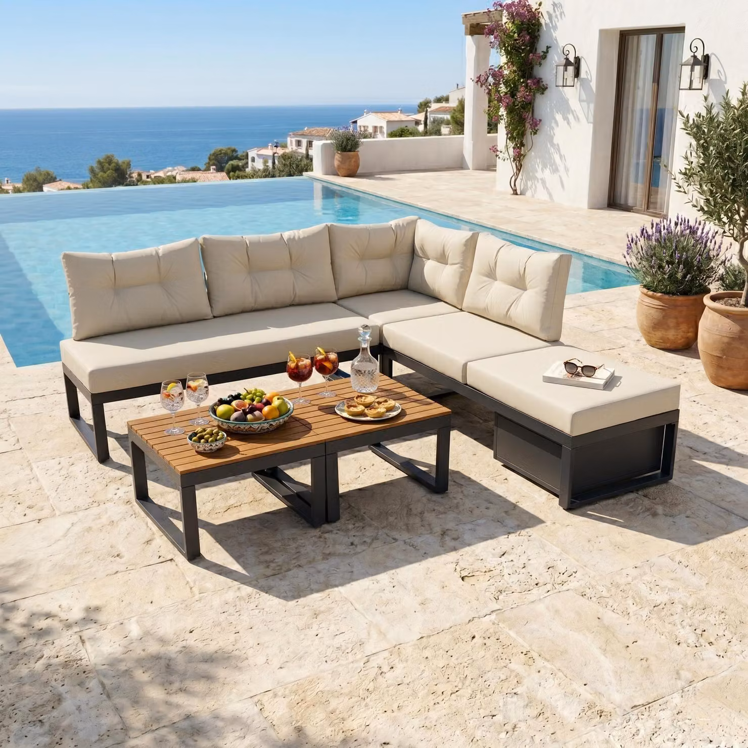 Set da giardino LVHOM con funzione lettino, set di mobili da giardino con vano portaoggetti, divano da esterno a L in metallo, salottino angolare con cuscini e tavolini, beige