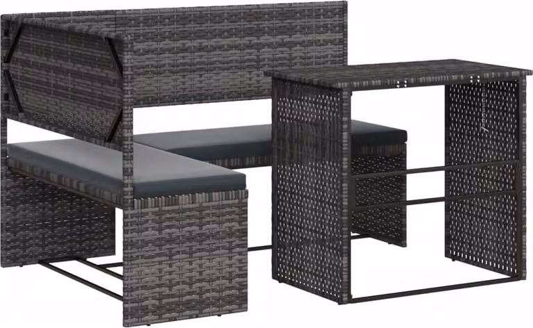 Divano da Giardino con Tavolo e Cuscini a L Grigio Polyrattan