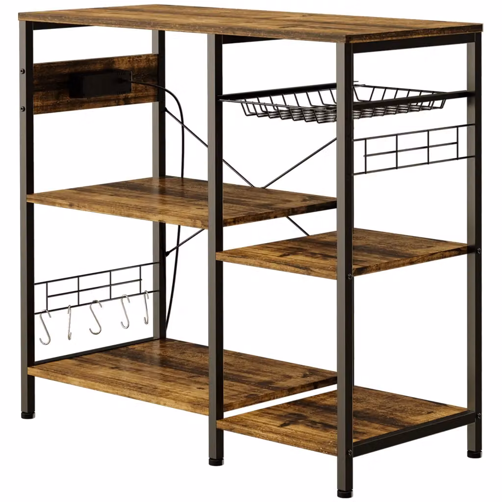 Scaffale da cucina XYLO marrone con presa elettrica, ripiani regolabili, ganci e cesta in metallo L 90 cm x P 40 cm x H 83 cm – 2