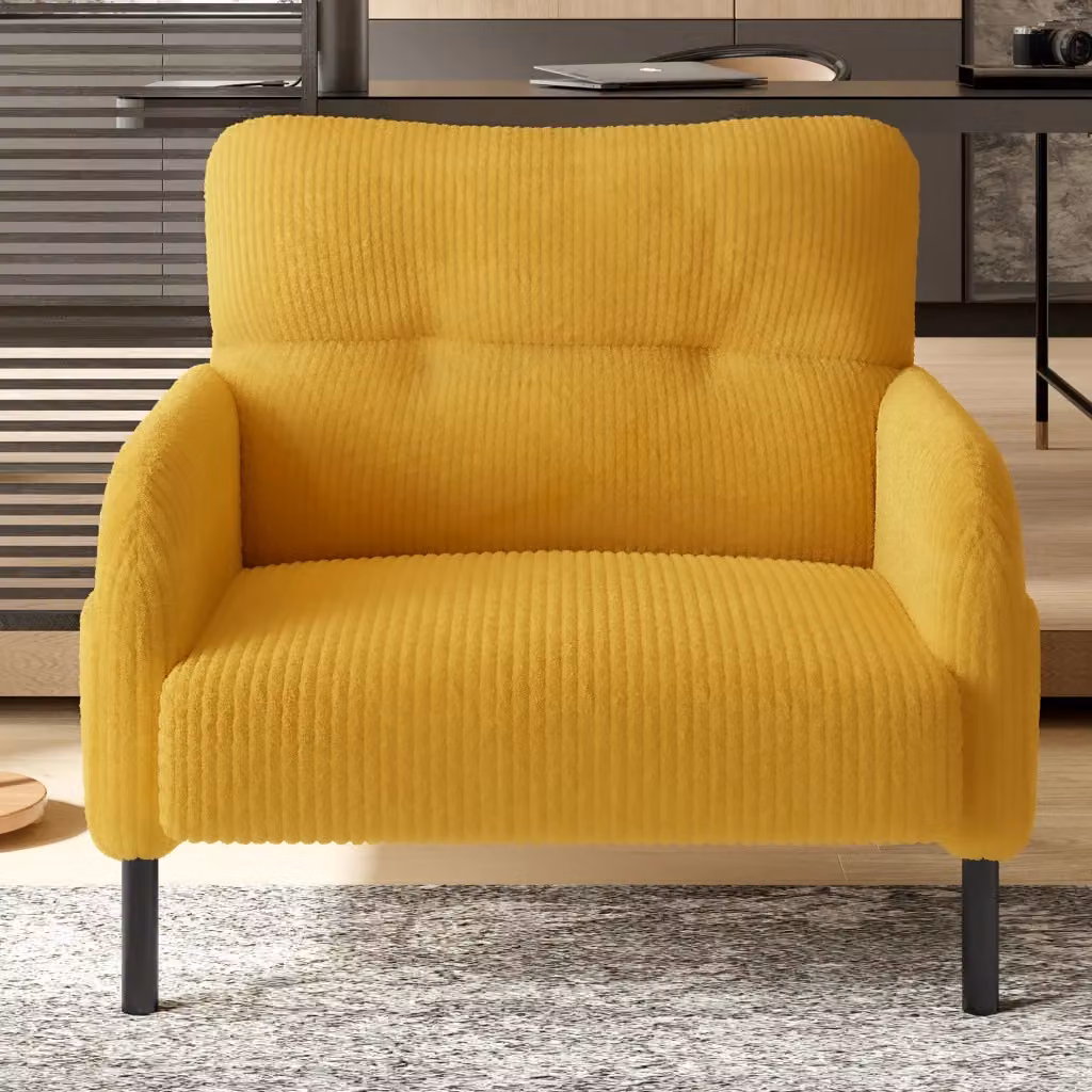 Set componibile moderno composto da divano a 2 posti, poltrona e pouf in velluto a coste giallo con tasca laterale – 2