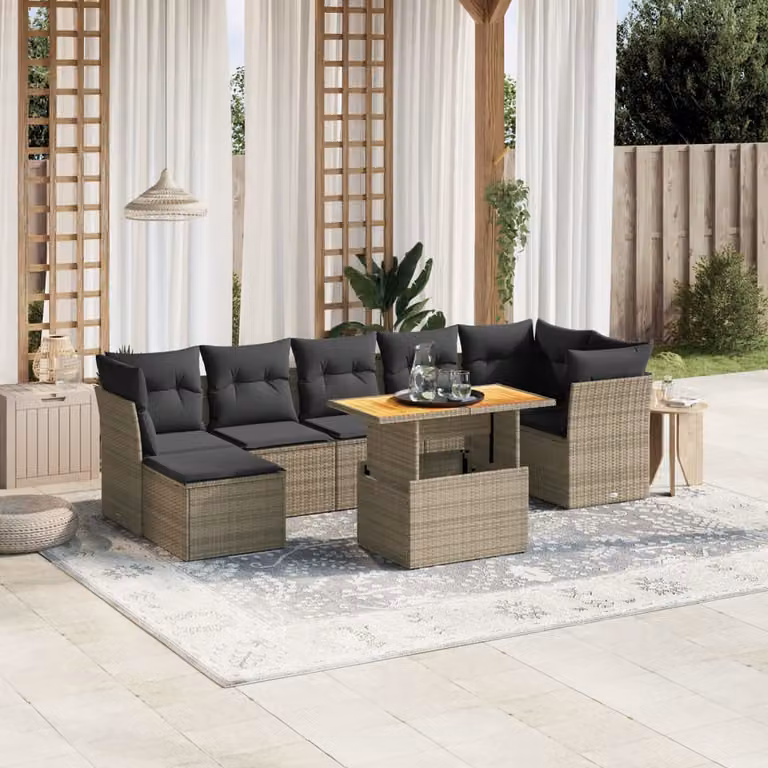 Set Divano da Giardino vidaXL 8 pz in Polyrattan Grigio con Cuscini e Tavolino da Esterno