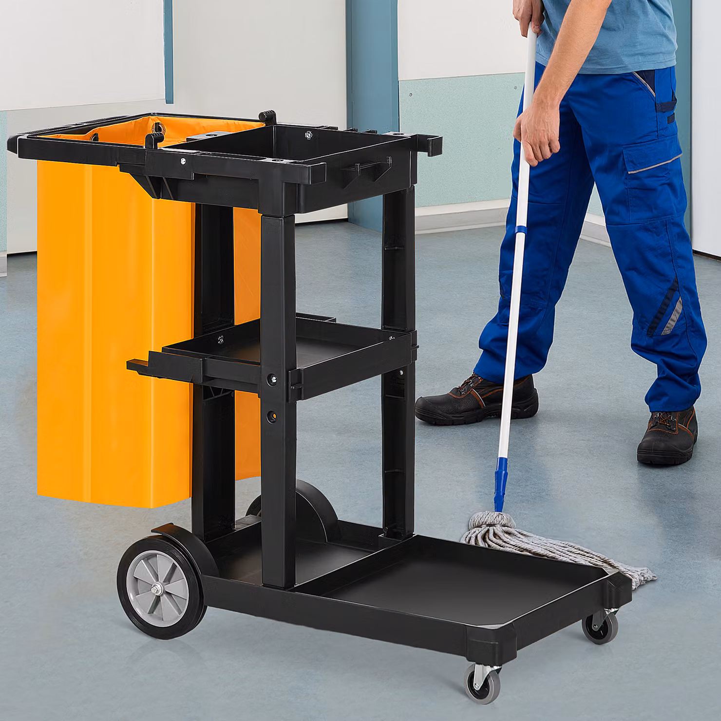 Carrello per pulizie HOMCOM con 3 ripiani, ganci e sacco da 100L, L/P/H: 121 x 50,5 x 96,5 cm, Nero Giallo e Grigio – 2