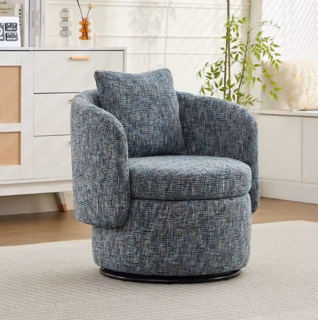 Poltrona girevole 360° in ciniglia blu con vano contenitore; 72x66;5x76 cm