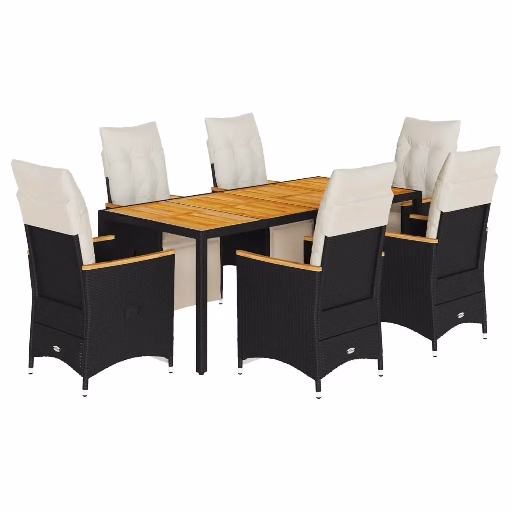 Set da Bistrò da Giardino vidaXL in Polyrattan e Legno di Acacia con 7 Pezzi e Cuscini Nero – 2