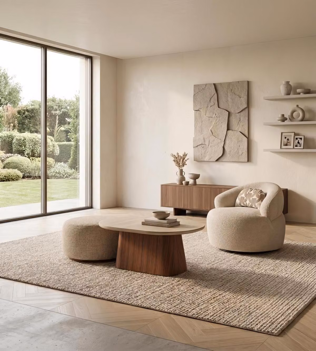Set di tavolino e poggiapiedi moderni, beige, design, tavolino laterale, poggiapiedi, forma ovale