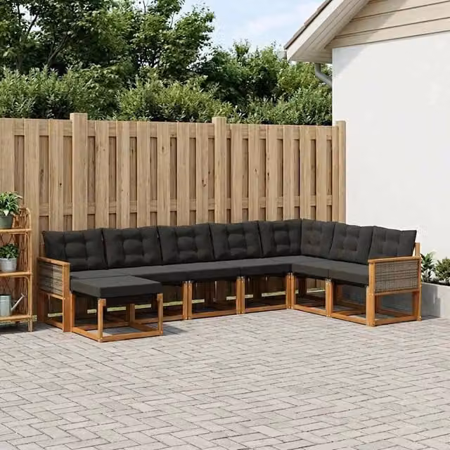 Set di divani da esterno a L vidaXL in legno di acacia con cuscini, colore marrone e nero – 1