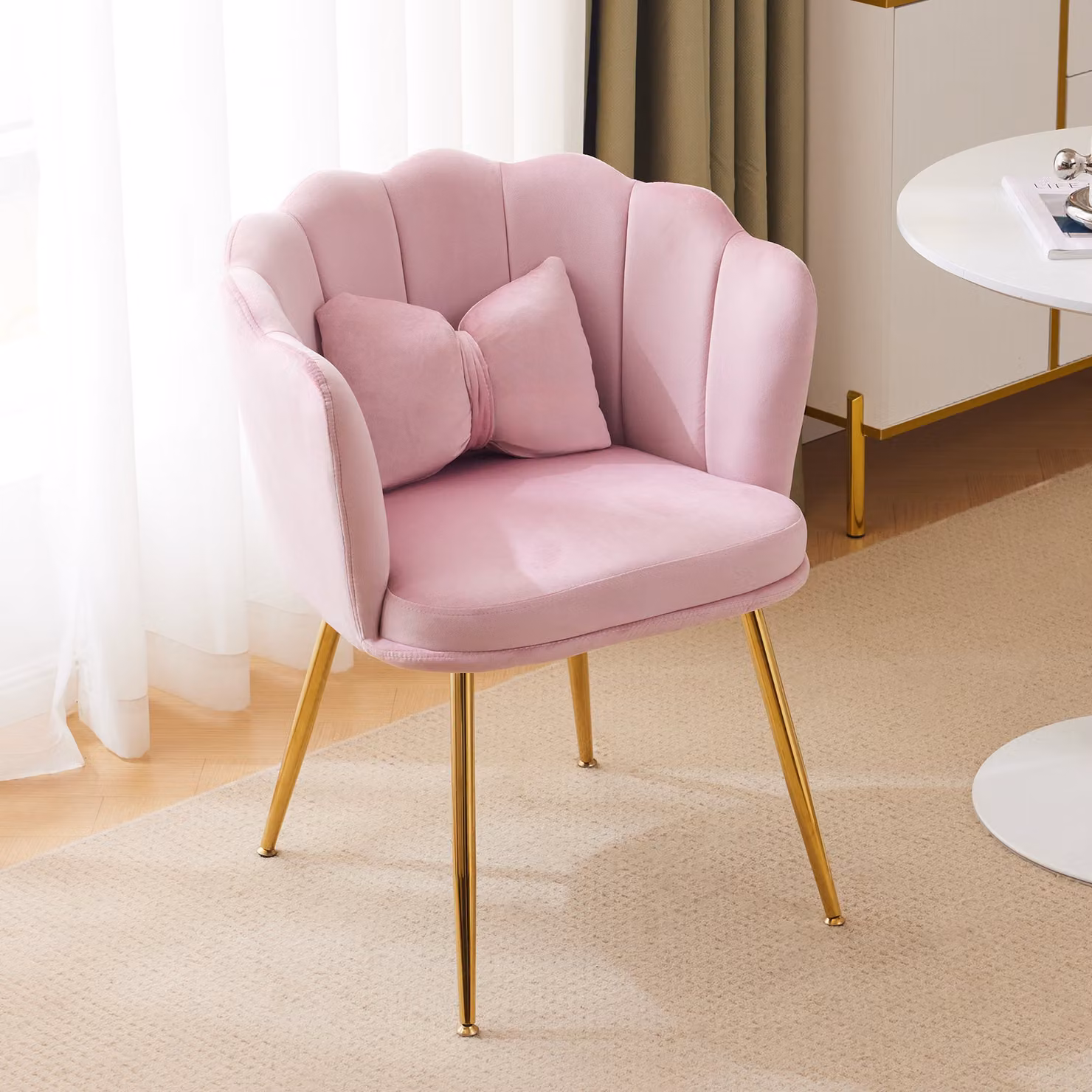 Poltrona Imbottita in Velluto Aosom con Schienale a Petalo e Gambe in Metallo Dorato, Design Moderno con Cuscino a Farfalla, Rosa, L: 62 cm, P: 54 cm, H: 43 cm – 2