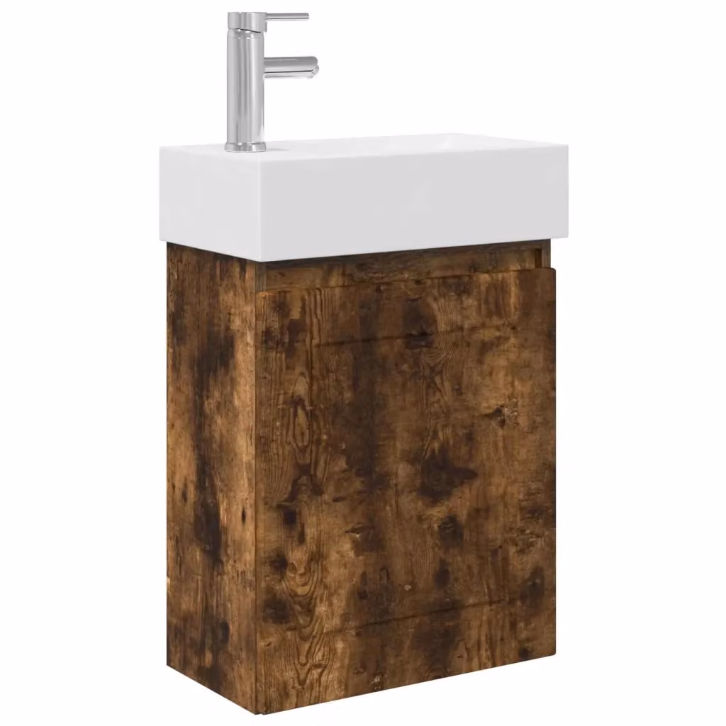 Mobile bagno moderno vidaXL in legno e ceramica, bianco e marrone, sospeso, L: 45,5 cm, P: 22,5 cm, H: 84 cm – 2