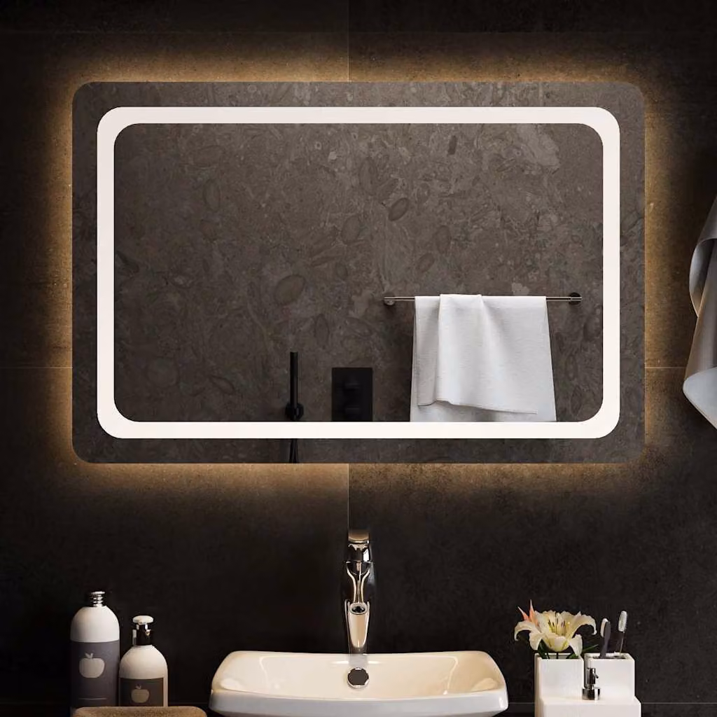 Specchio da bagno moderno vidaXL con luci LED, rettangolare, bianco, L: 90 cm, H: 60 cm
