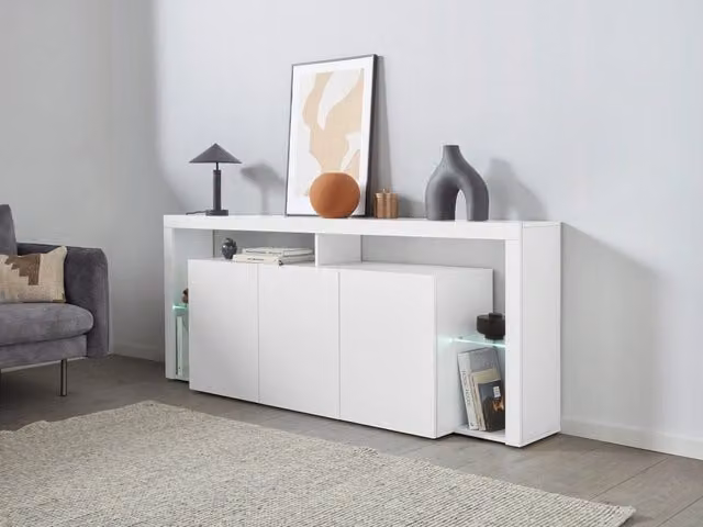 Credenza con 3 Ante e Ripiani in Vetro a Giorno 200x40x80 cm Essential 3A Bianco Lucido