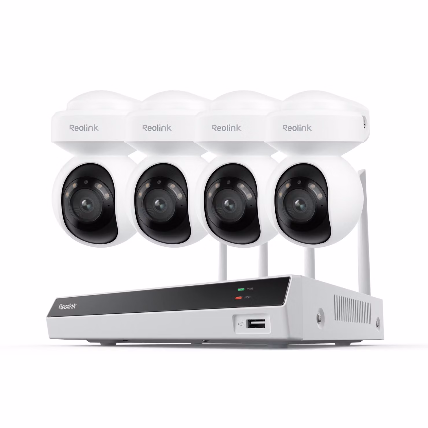 Reolink RLK8-800PT4, NVR 8CH con HDD da 2TB + set di telecamere di sorveglianza da esterno 4X 4K 8MP PT PoE, tracciamento automatico, rilevamento intelligente, registrazione 24/7