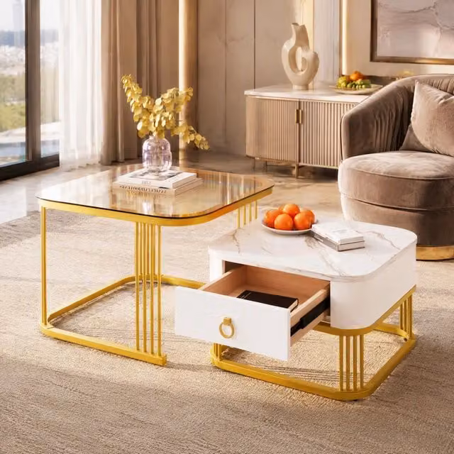 Set di 2 tavolini da caffè 60x60 e 50x50 cm bianco e oro in MDF, con cassetti