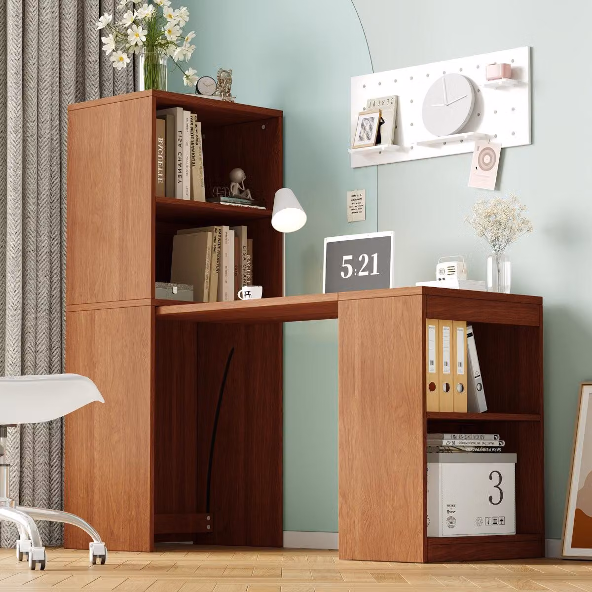 Tavolo pieghevole multifunzionale, scrivania e scaffale in un unico mobile, con 4 ruote, in legno noce
