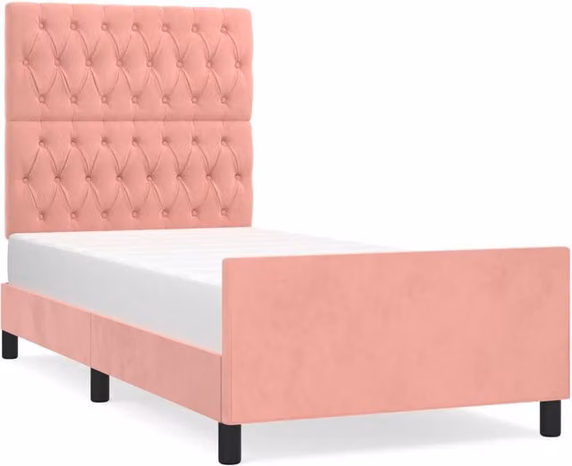 Letto singolo per adulti con testiera in velluto rosa e struttura in legno L 90 cm x P 193 cm