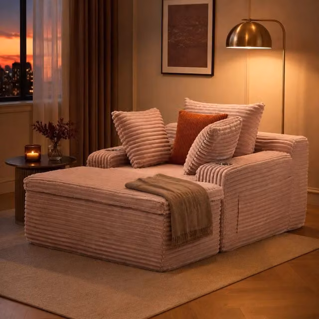 Divano angolare pieghevole MIVRAY con chaise longue in velluto a coste rosa, funzione letto e cuscini inclusi – 1