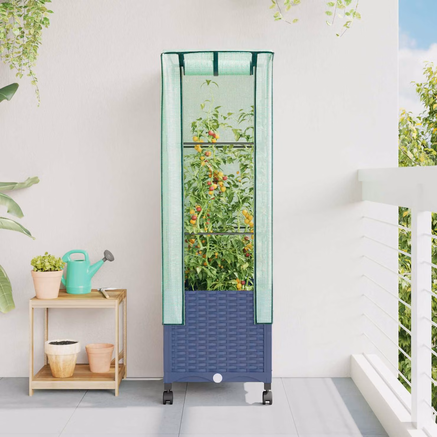 vidaXL Vaso da Giardino con Copertura per Serra e Ruote, Blu e Grigio, in Plastica