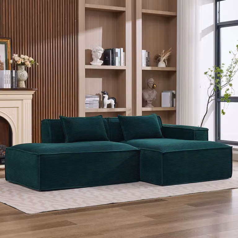 Divano modulare LVHOM in tessuto corduroy, 233 cm, divano lounge a 2 posti a terra con chaise longue, divano di facile manutenzione per il soggiorno, da montare, colore smeraldo