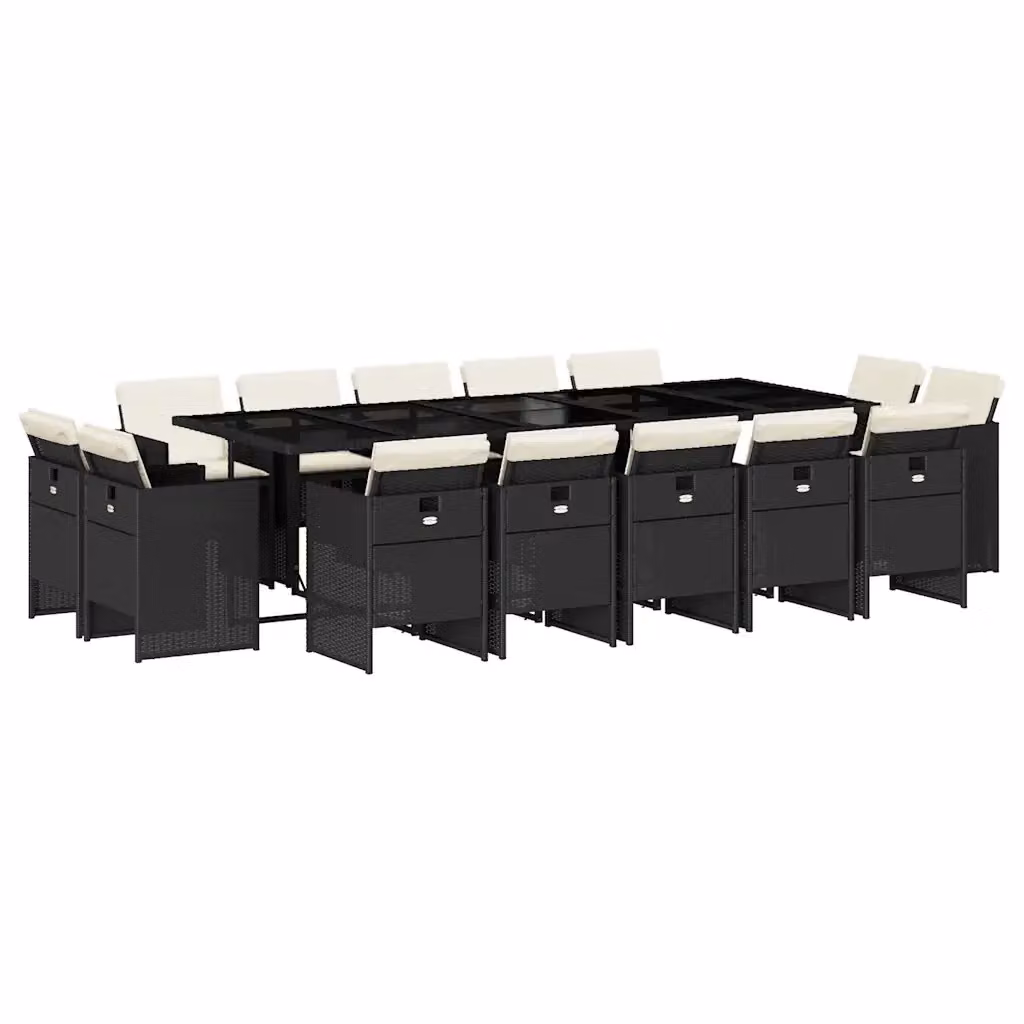 vidaXL Set da Pranzo da Giardino 15 pz in Polyrattan con Piano in Vetro e Cuscini Nero – 2