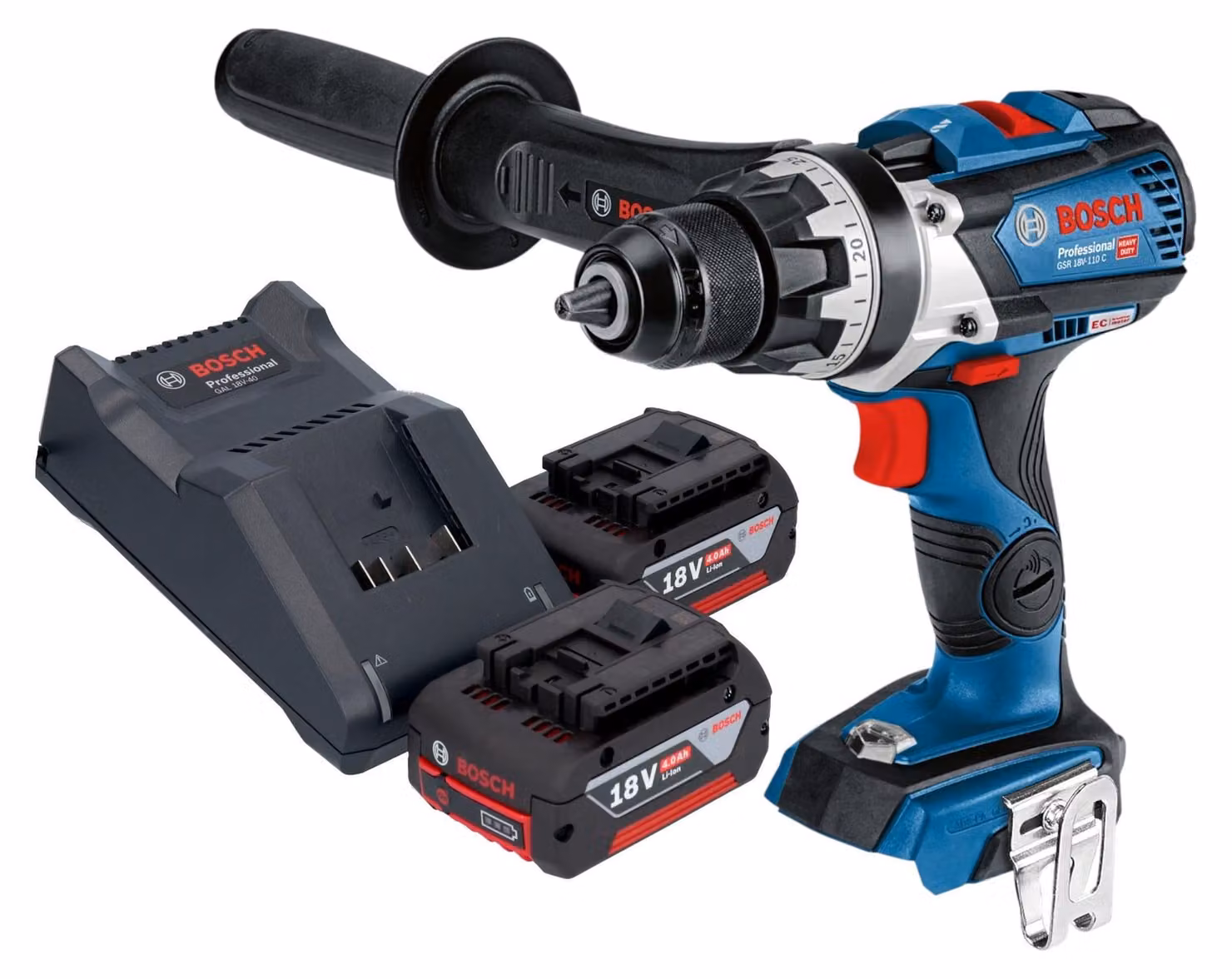 Bosch GSR 18V-110 C Trapano avvitatore professionale a batteria 18 V 110 Nm brushless + 2x batteria ricaricabile 4,0 Ah + caricabatterie