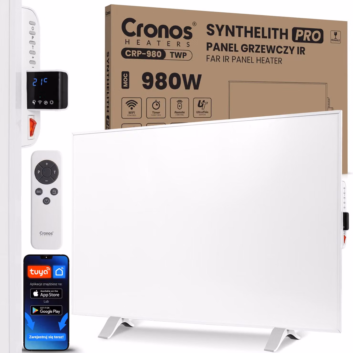 Riscaldatore a infrarossi Cronos Synthelith Pro CRP-980TWP 980W con WiFi e telecomando, bianco