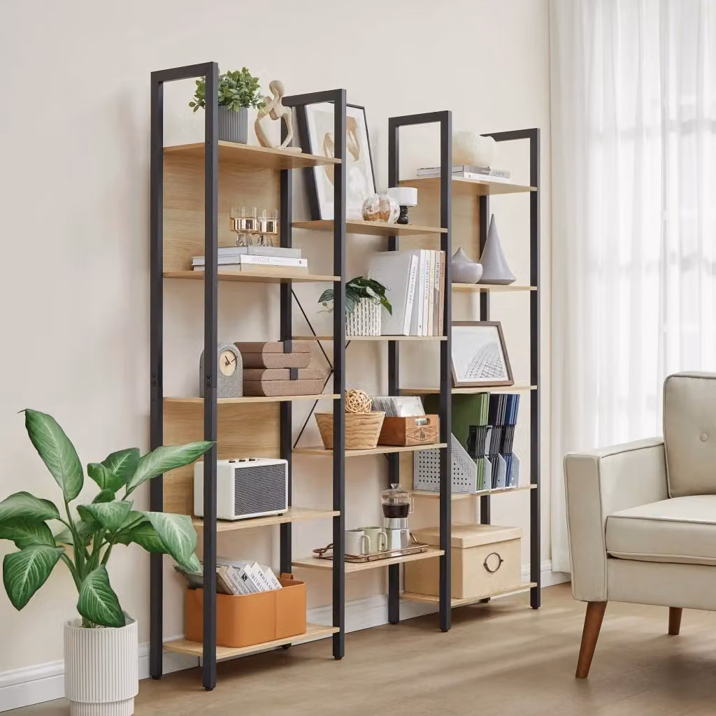 Libreria doppia Valora in stile industrial con 14 ripiani, finitura rovere e struttura in metallo, L: 158 cm, P: 24 cm, H: 166 cm – 2